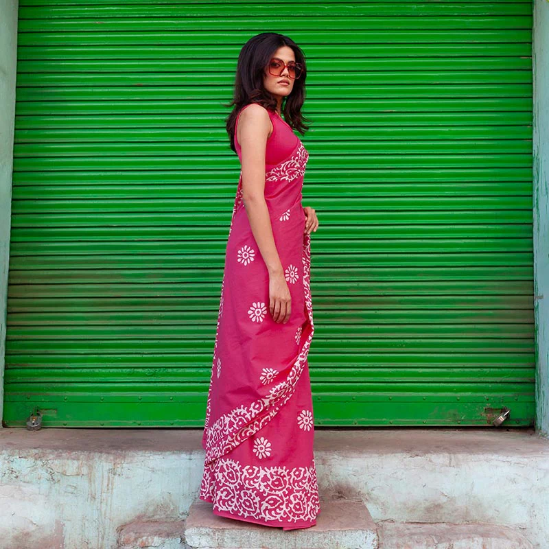 Mohini Hand Block Print Pink Mul Mul Cotton Saree - Image 4
