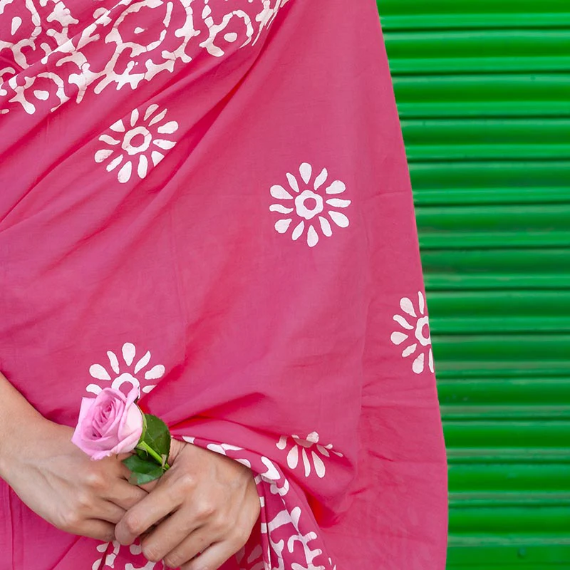 Mohini Hand Block Print Pink Mul Mul Cotton Saree - Image 5