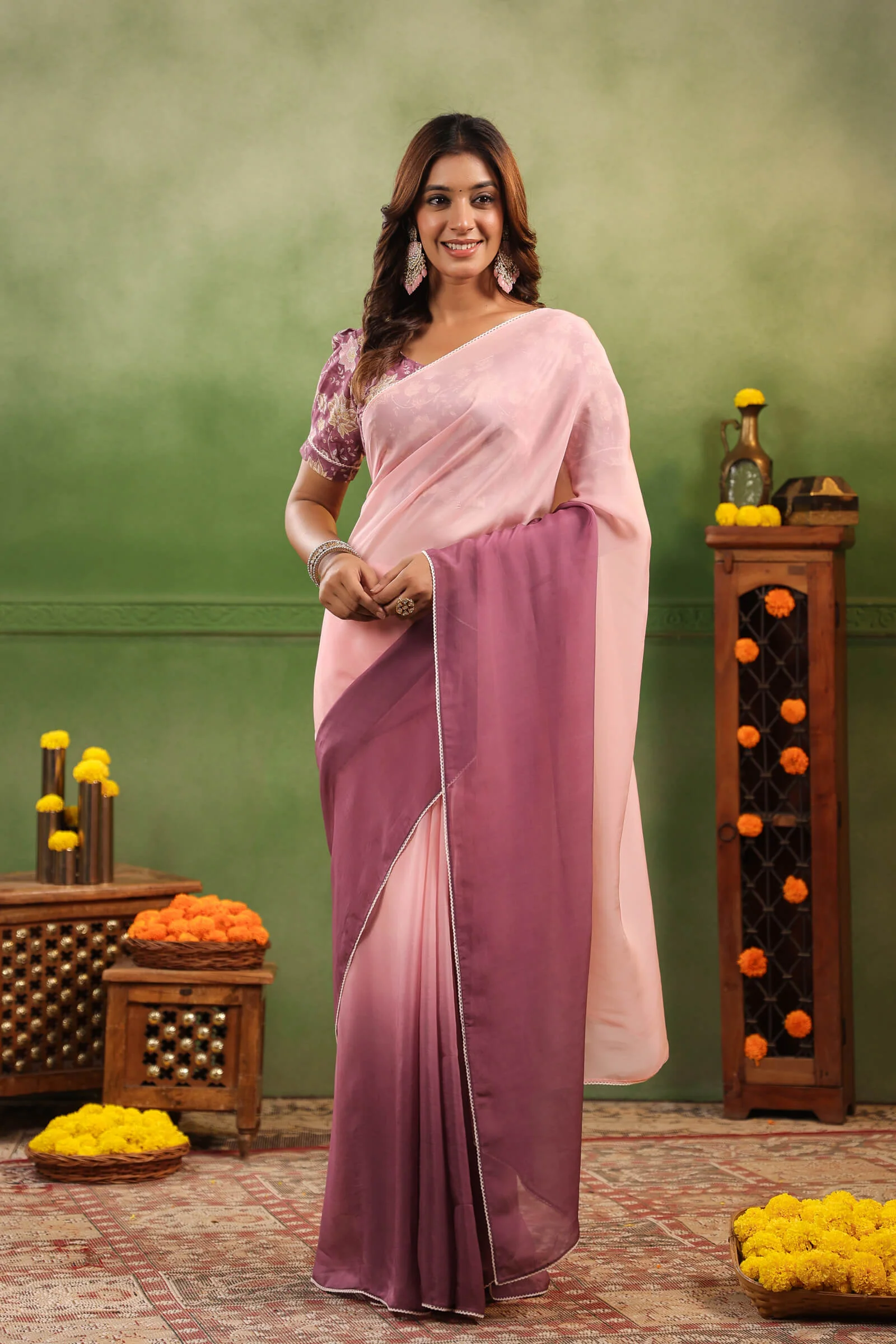 Mulberry Ombre Organza Saree with Printed Blouse Fabric - Image 3