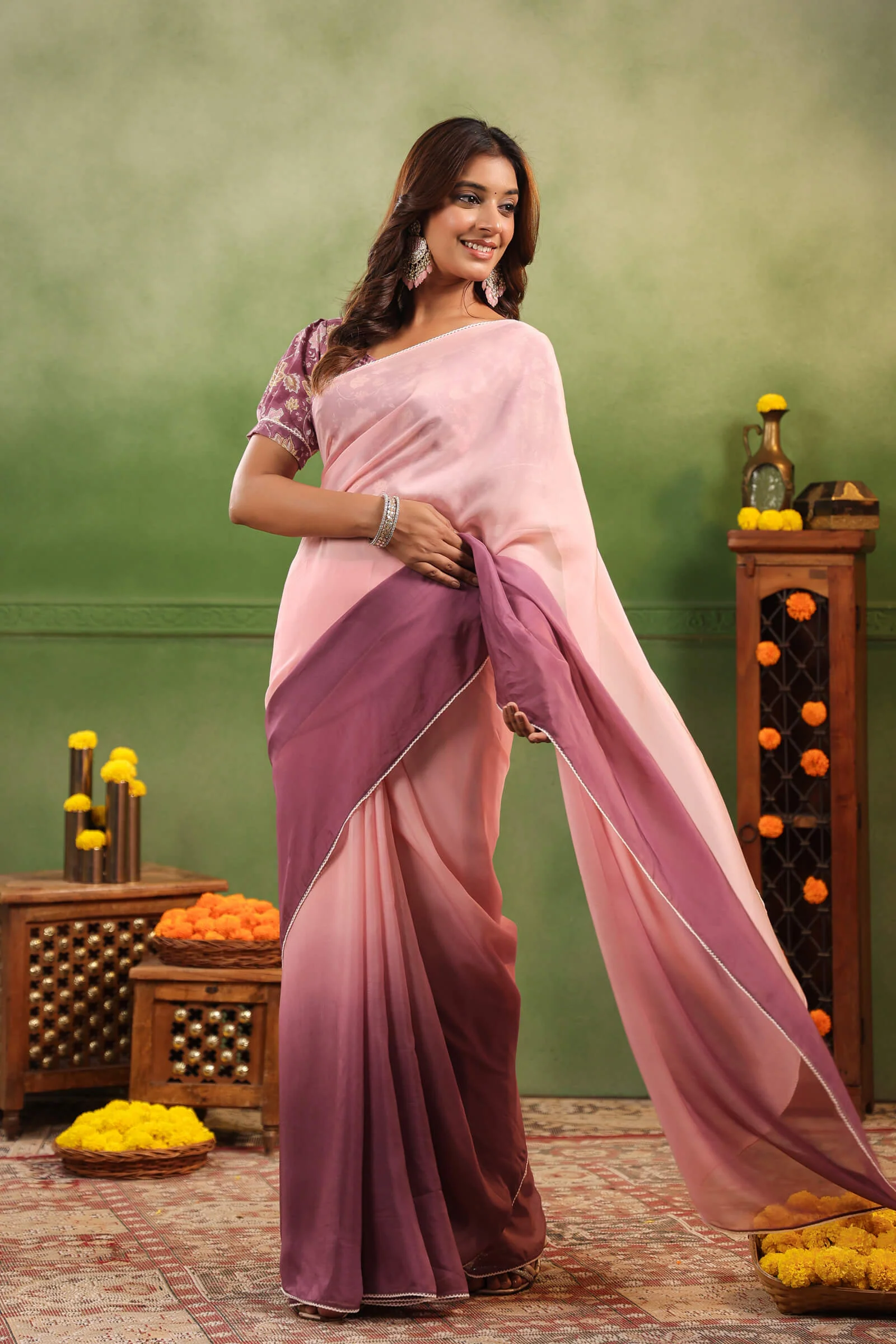 Mulberry Ombre Organza Saree with Printed Blouse Fabric - Image 4