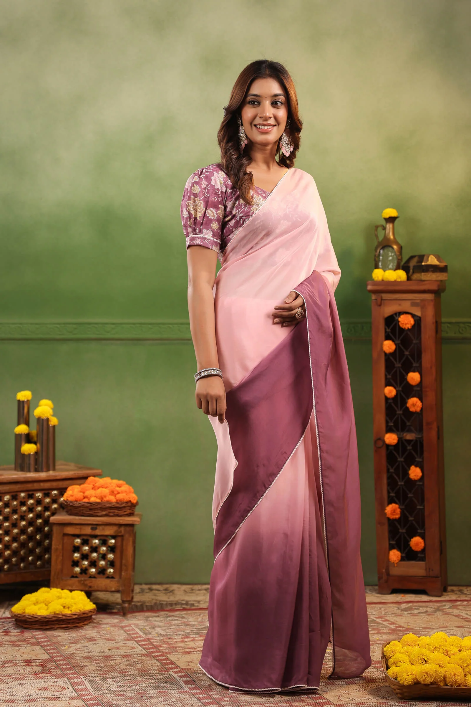 Mulberry Ombre Organza Saree with Printed Blouse Fabric - Image 5