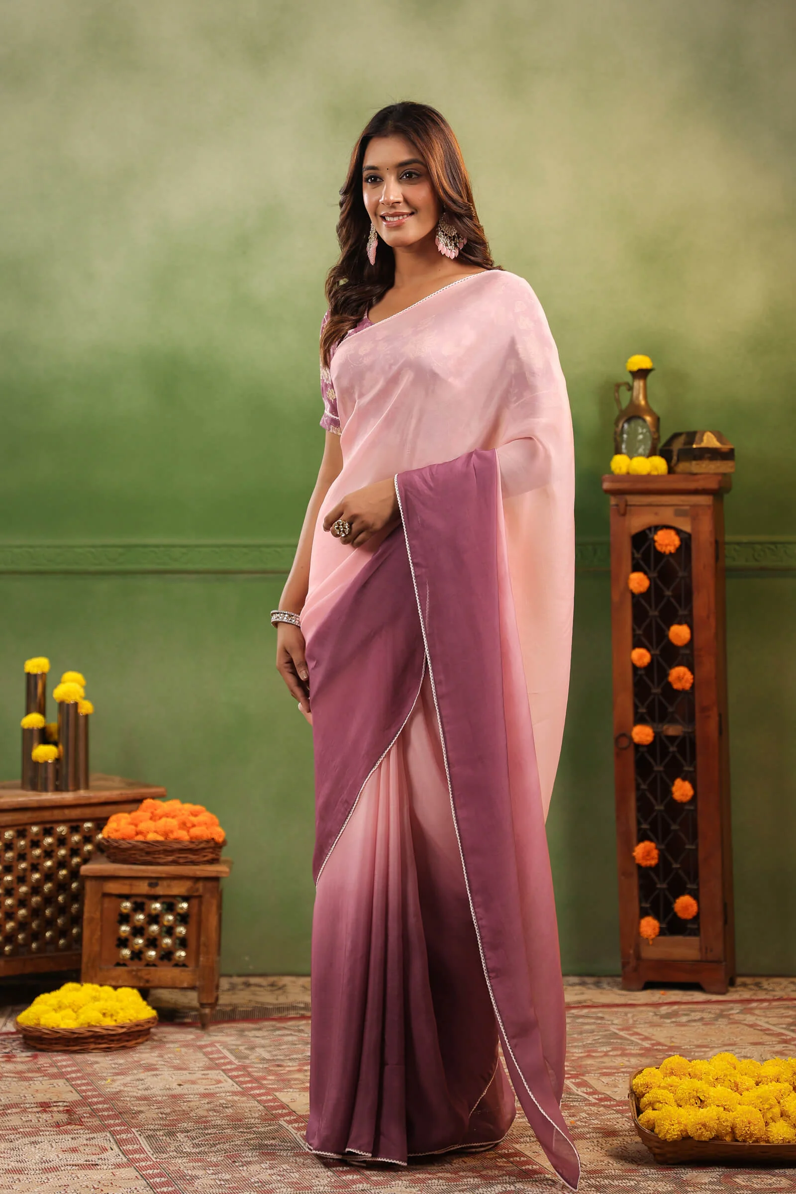 Mulberry Ombre Organza Saree with Printed Blouse Fabric - Image 6