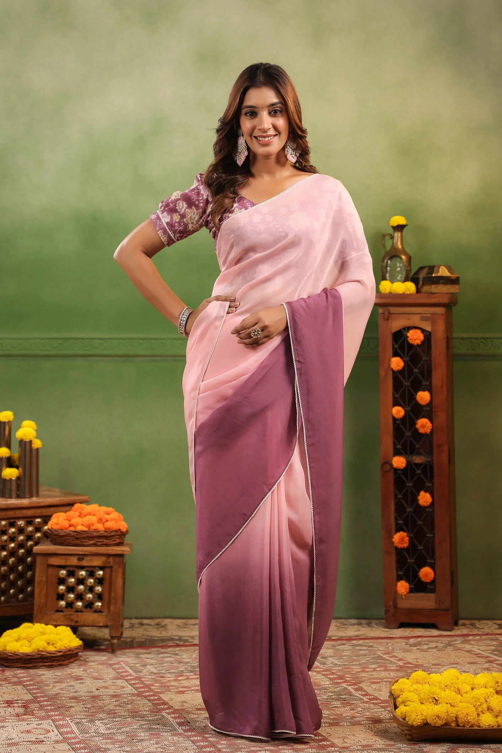 Mulberry Ombre Organza Saree with Printed Blouse Fabric - Image 7