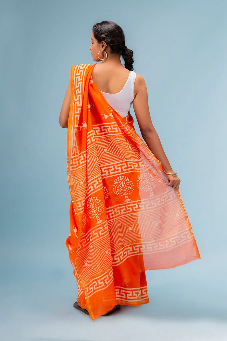 Moora Saree | Orange | Hand Block Printed | Chanderi Cotton Silk - Image 6