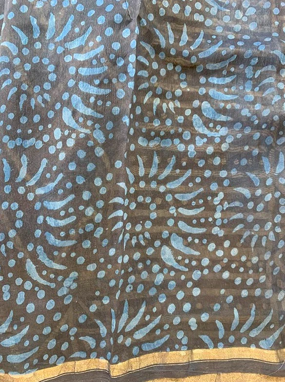 Indigo Prism - Hand Block Print Chanderi Silk Saree - Image 10