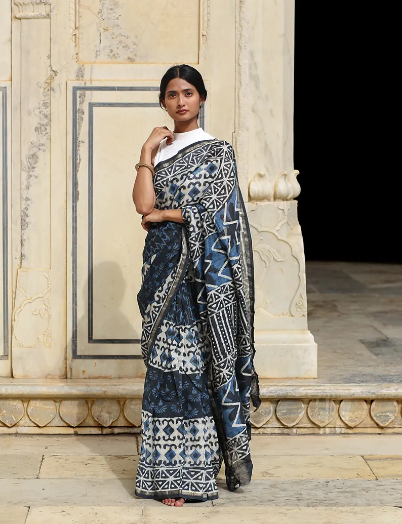 Indigo Prism - Hand Block Print Chanderi Silk Saree - Image 3