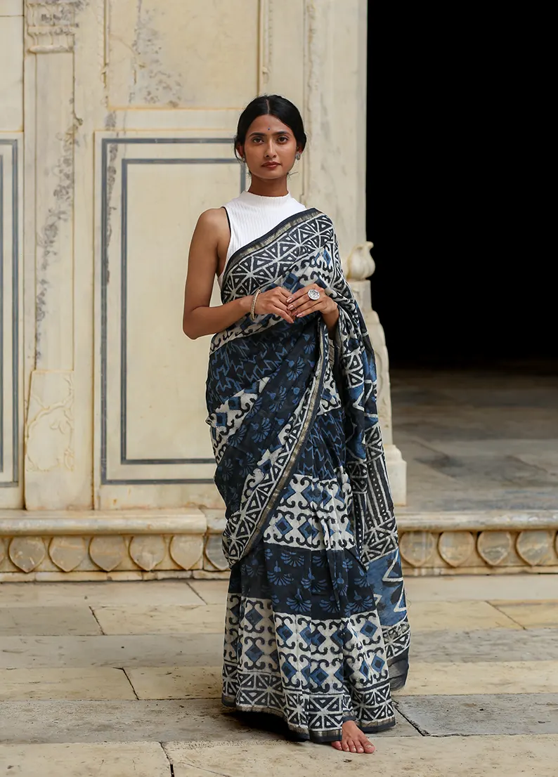 Indigo Prism - Hand Block Print Chanderi Silk Saree - Image 5