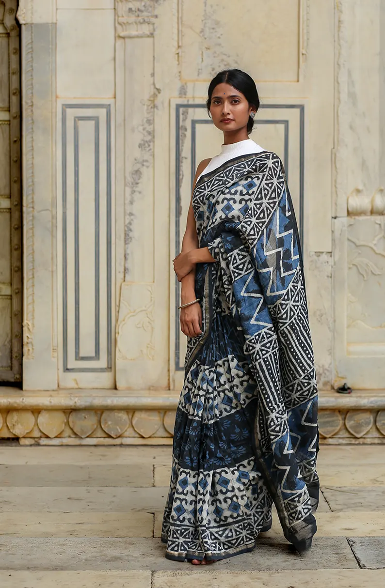Indigo Prism - Hand Block Print Chanderi Silk Saree - Image 6