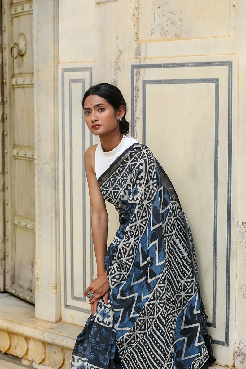 Indigo Prism - Hand Block Print Chanderi Silk Saree - Image 7