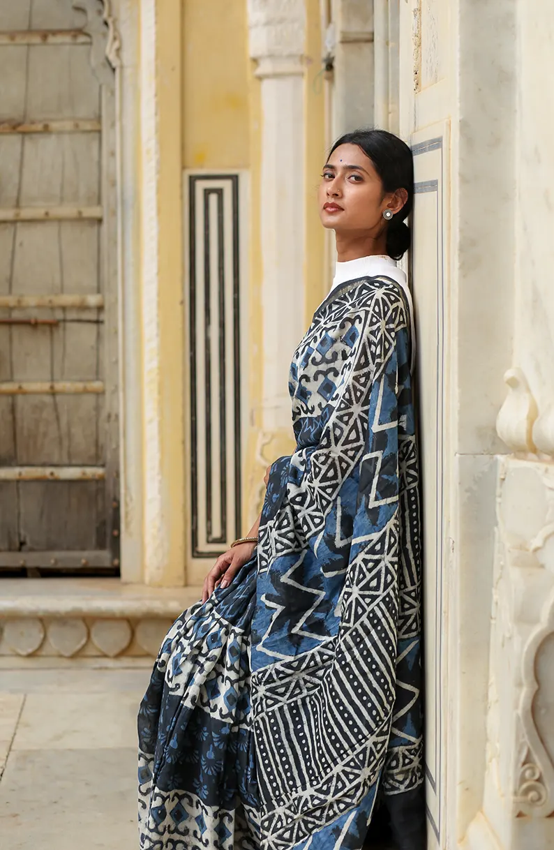 Indigo Prism - Hand Block Print Chanderi Silk Saree - Image 8