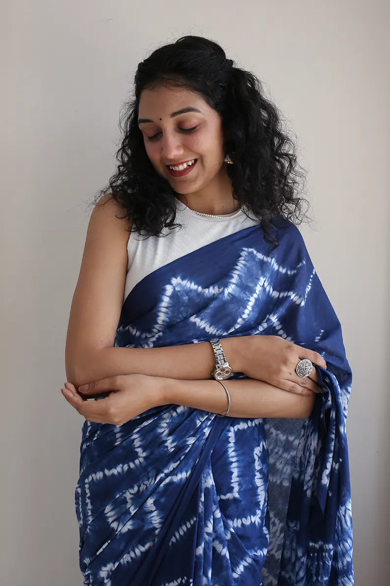 Blue Moon - Tie-Dye Mulmul Cotton Bagru Saree - Image 7