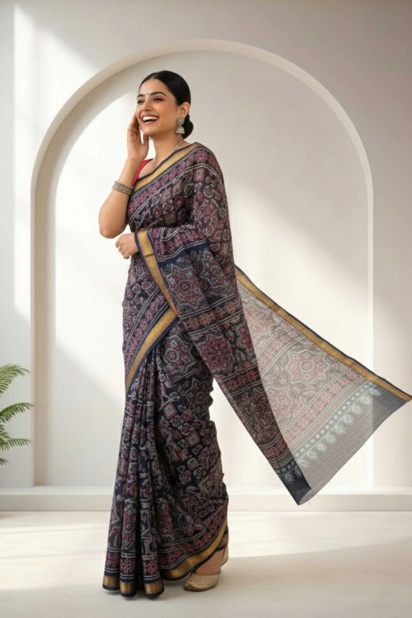 Noorja - Hand Block Print Silk Cotton Maheshwari Saree - Image 3