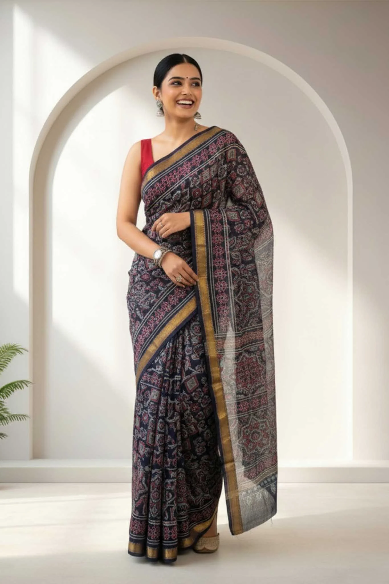 Noorja - Hand Block Print Silk Cotton Maheshwari Saree - Image 4