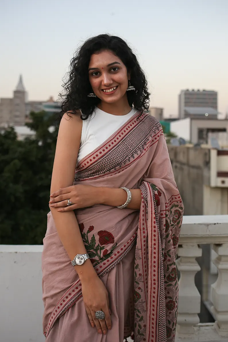 Old Rose - Hand Block Printed Mulmul Cotton Bagru Saree - Image 3