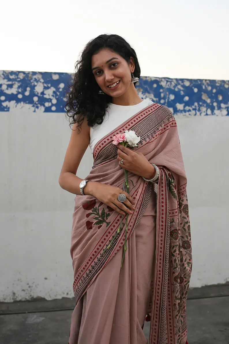 Old Rose - Hand Block Printed Mulmul Cotton Bagru Saree - Image 5