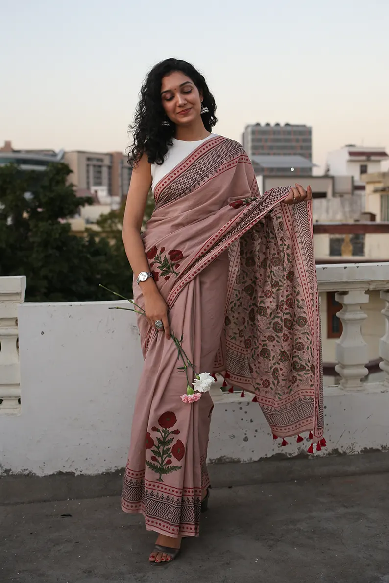 Old Rose - Hand Block Printed Mulmul Cotton Bagru Saree - Image 6