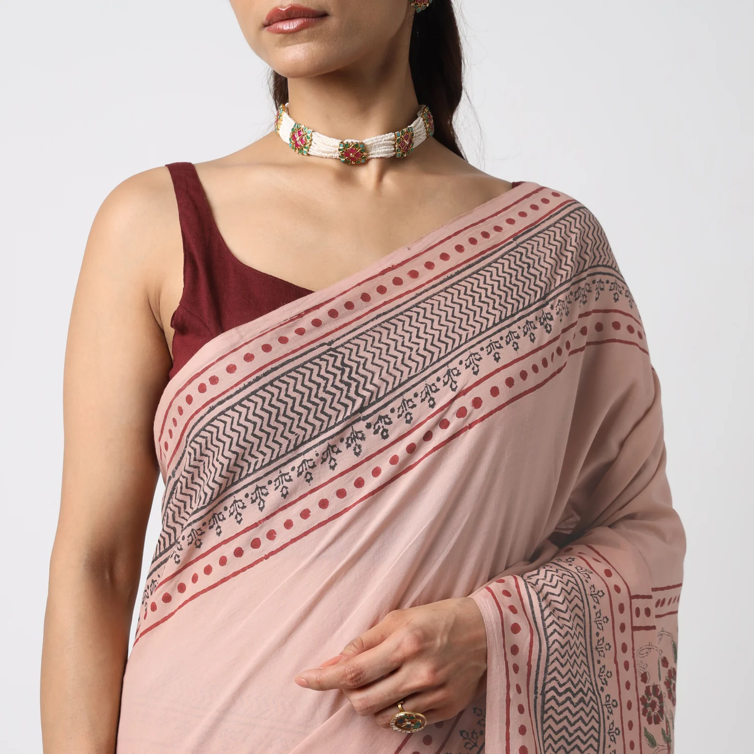 Old Rose - Hand Block Printed Mulmul Cotton Bagru Saree - Image 7