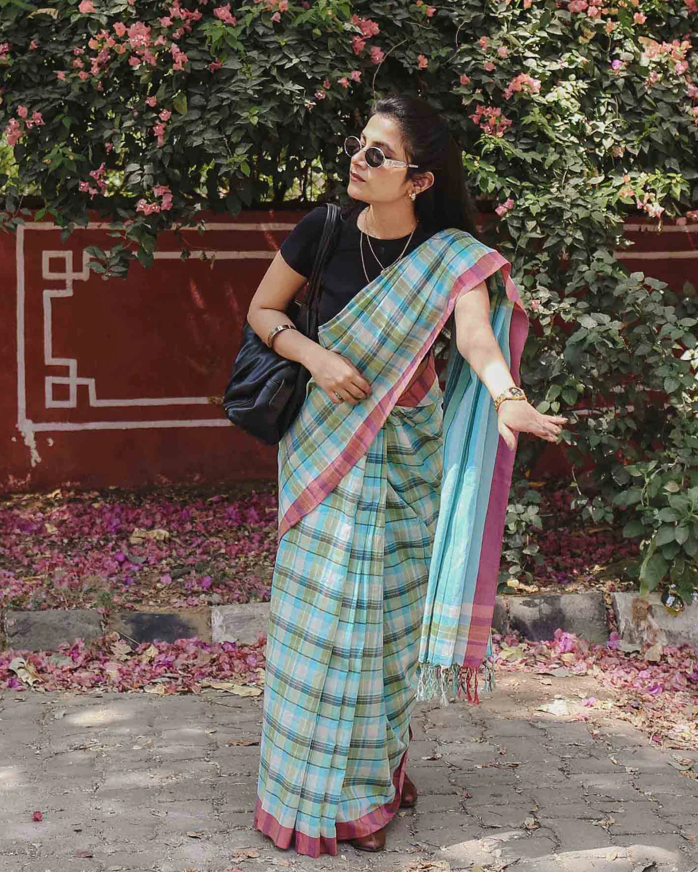 On the Clock - Turquoise & Green Checked Organic Cotton Saree - Image 7