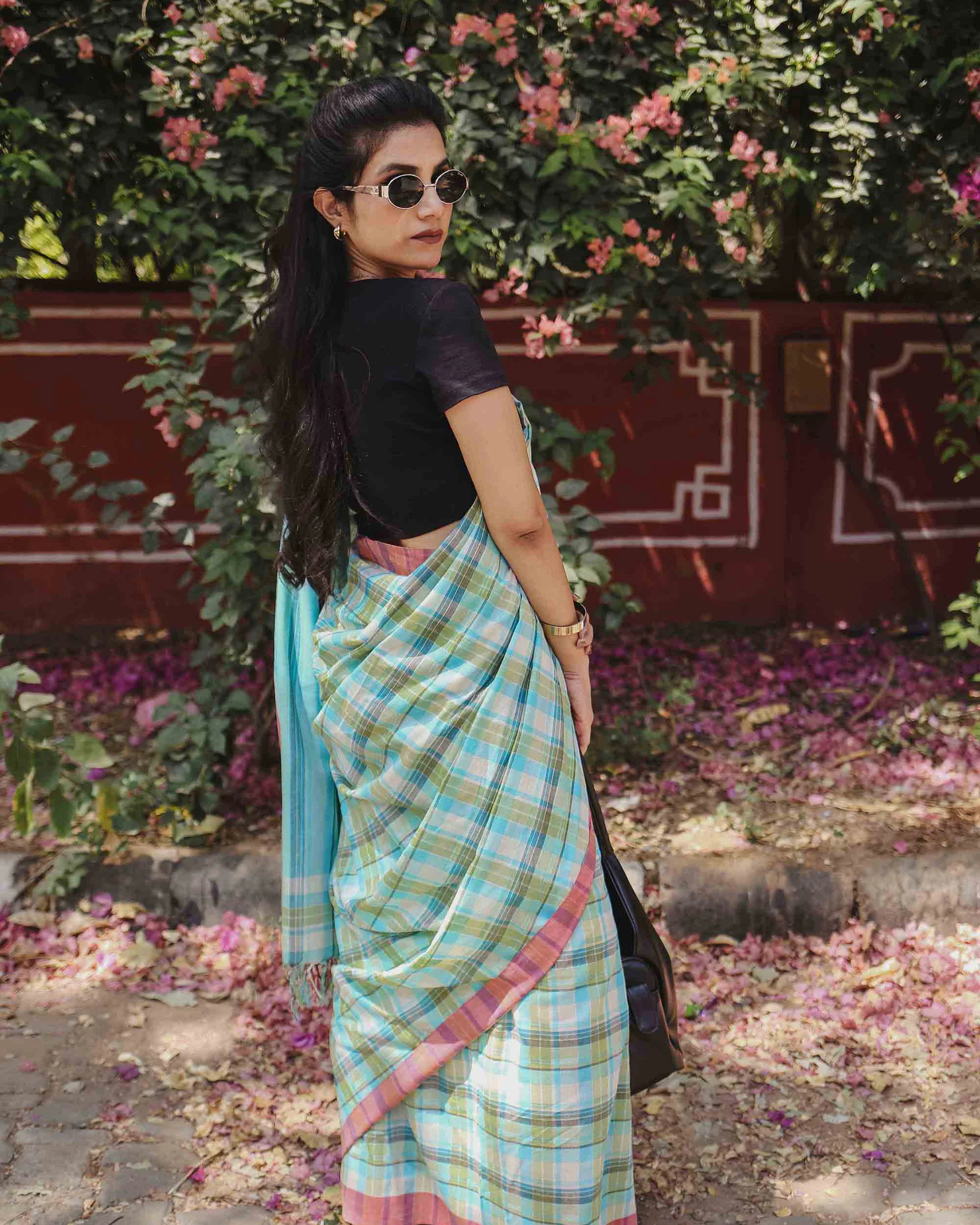 On the Clock - Turquoise & Green Checked Organic Cotton Saree - Image 6