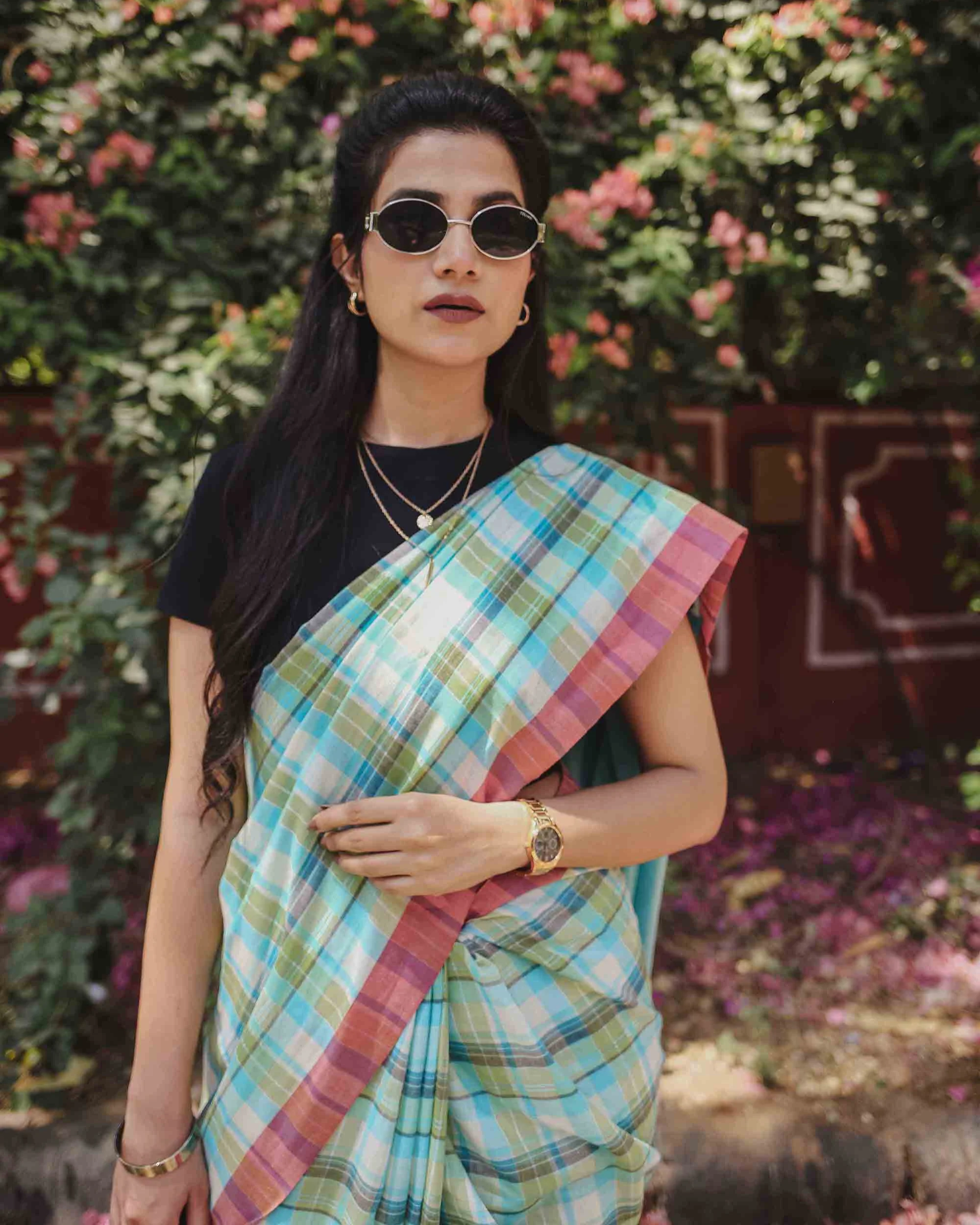 On the Clock - Turquoise & Green Checked Organic Cotton Saree - Image 4
