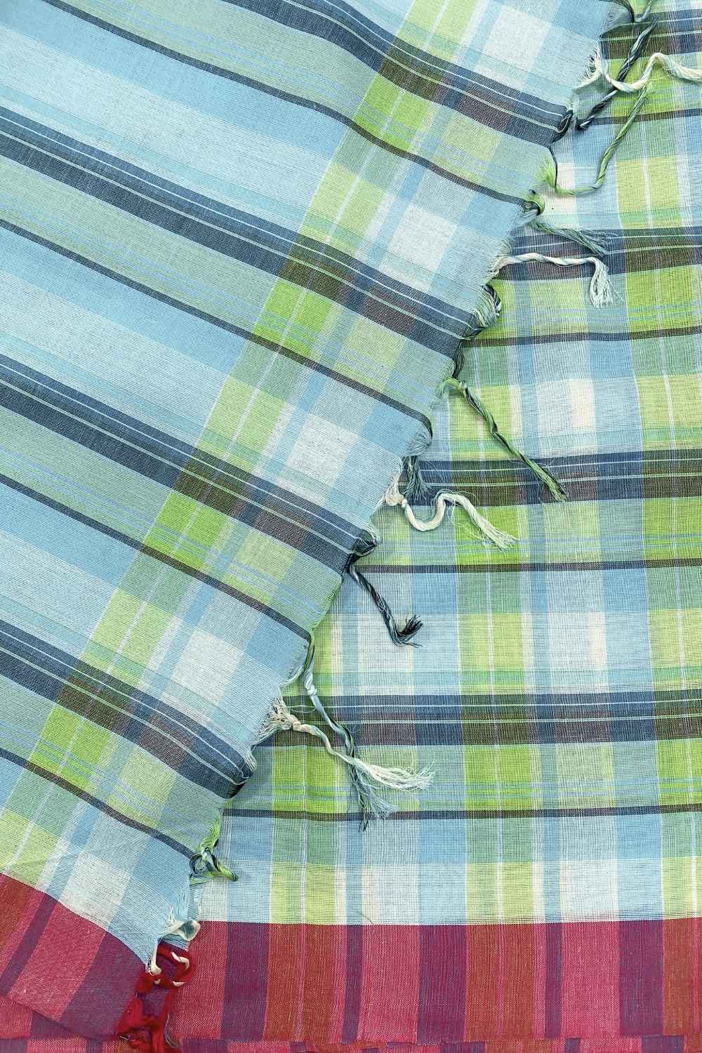 On the Clock - Turquoise & Green Checked Organic Cotton Saree - Image 8