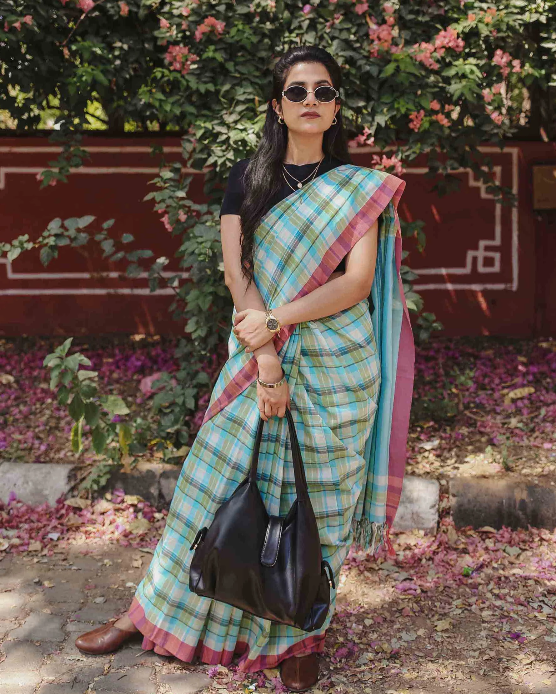 On the Clock - Turquoise & Green Checked Organic Cotton Saree - Image 3