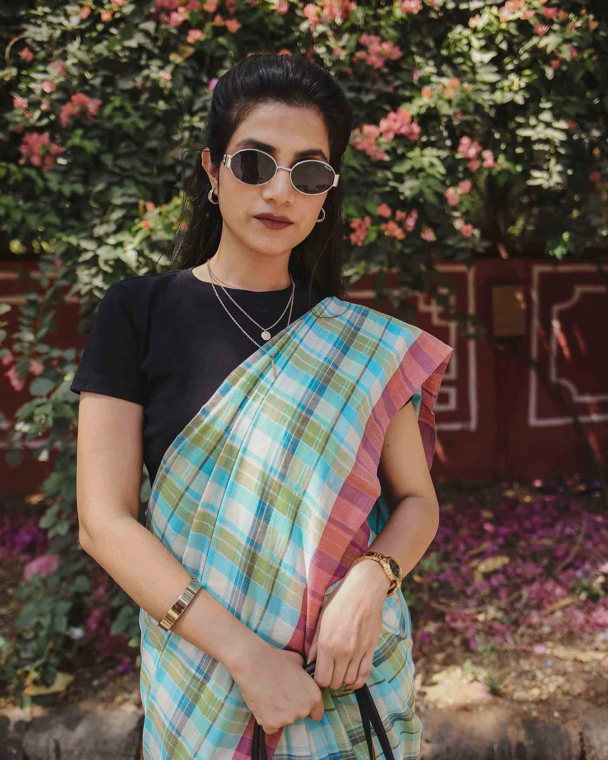 On the Clock - Turquoise & Green Checked Organic Cotton Saree - Image 5