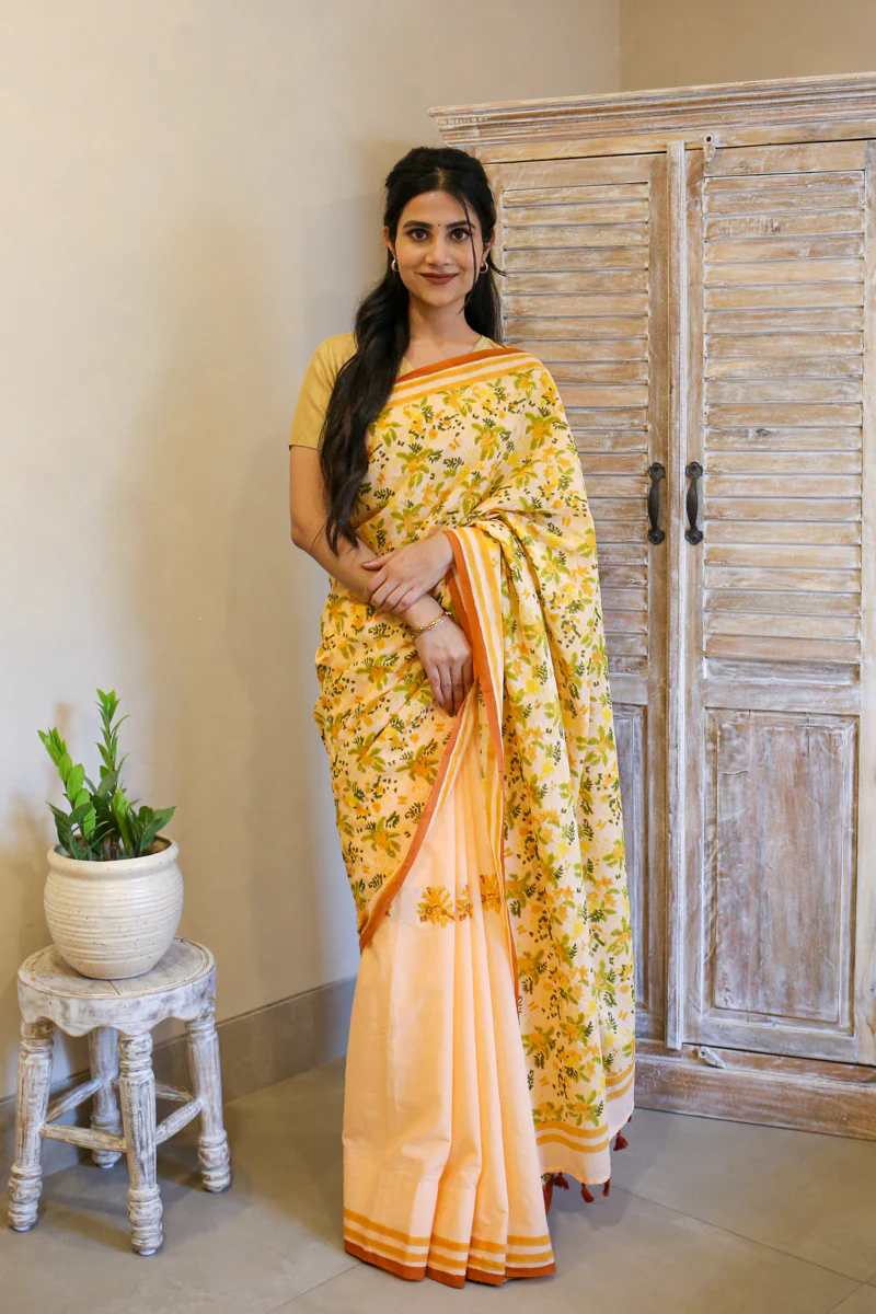 Peach Blooms Hand Block Print Mulmul Cotton Saree - Image 6