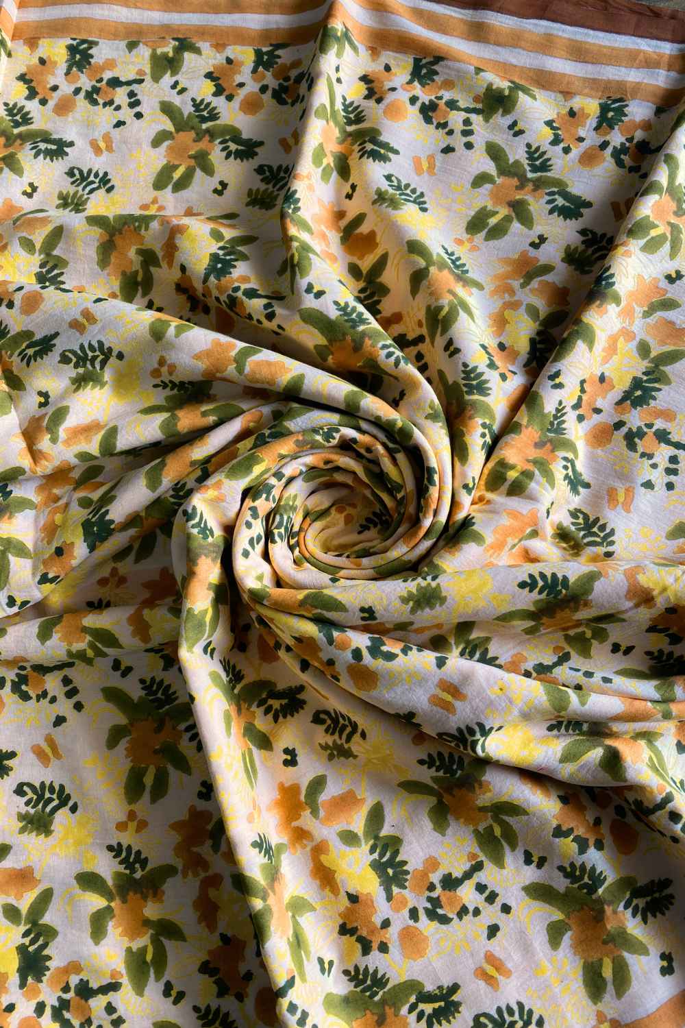 Peach Blooms Hand Block Print Mulmul Cotton Saree - Image 8