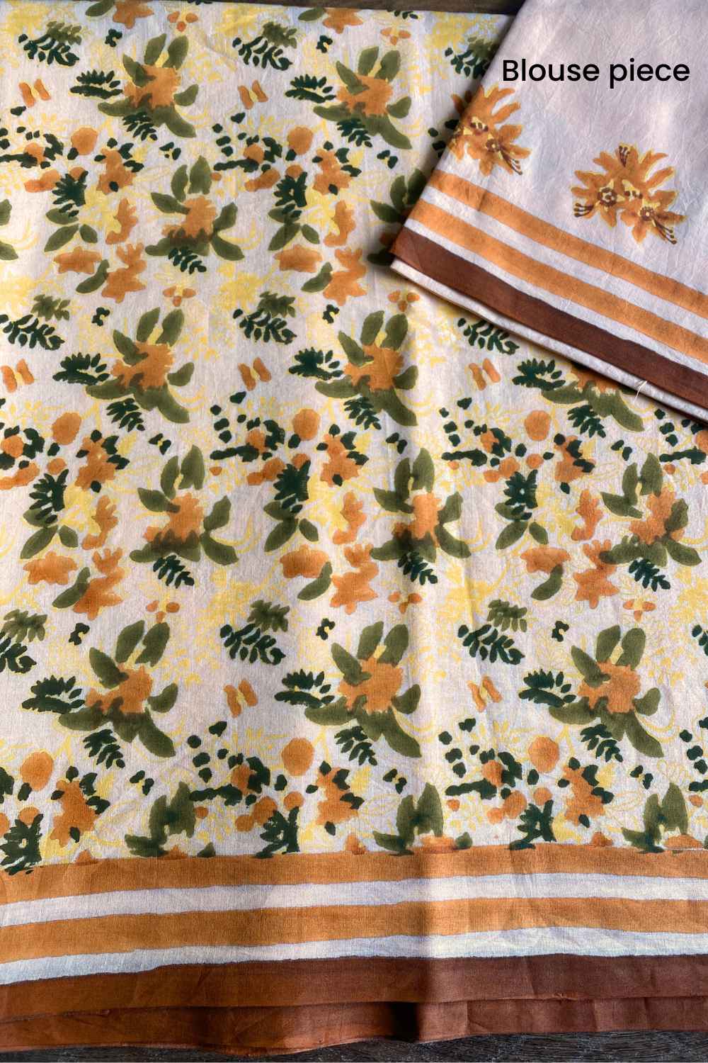Peach Blooms Hand Block Print Mulmul Cotton Saree - Image 9