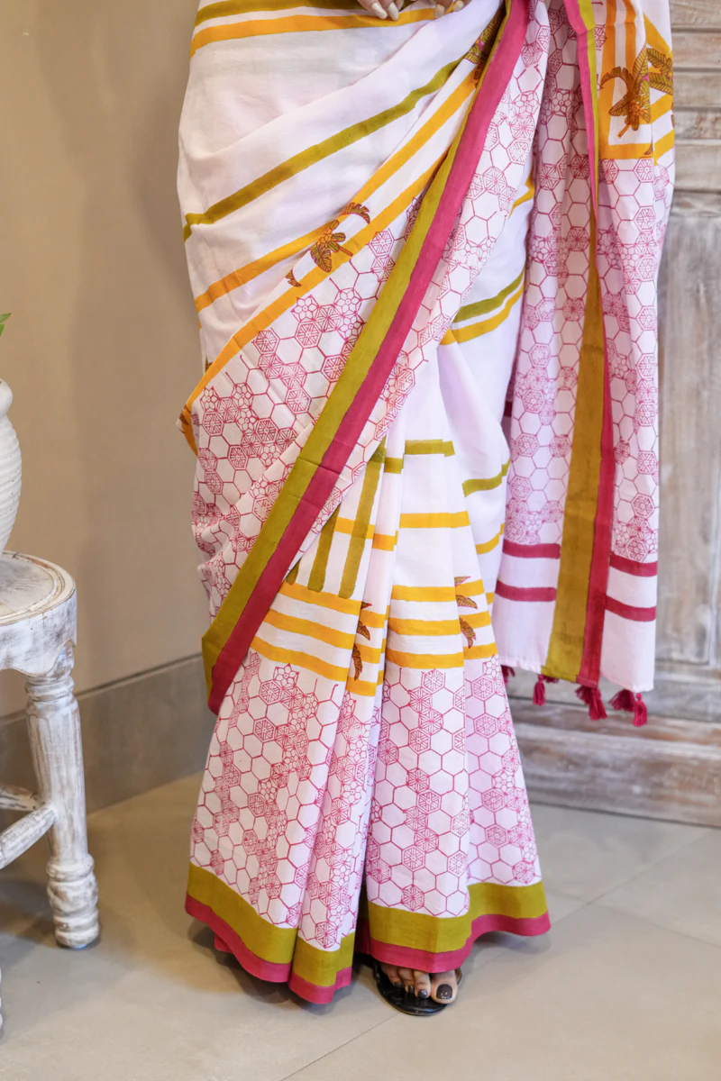Pink Daydreams Hand Block Print Mulmul Cotton Saree - Image 7