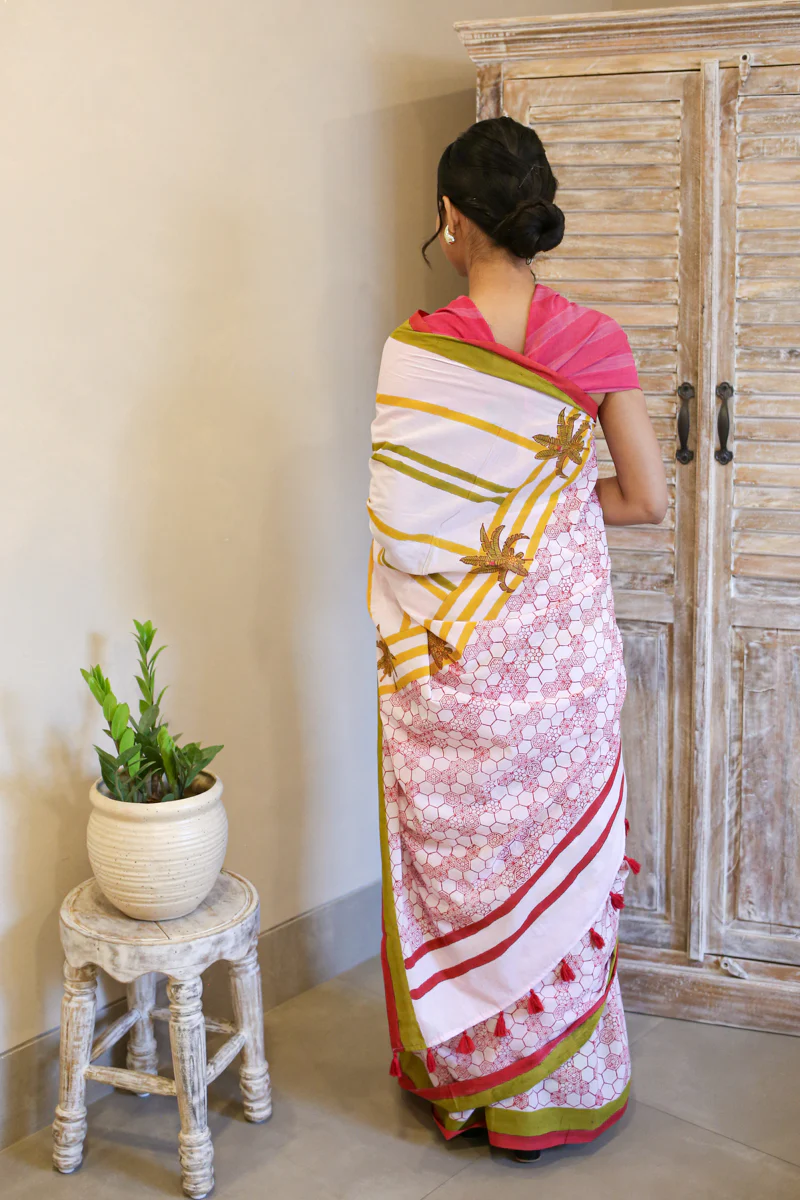 Pink Daydreams Hand Block Print Mulmul Cotton Saree - Image 8