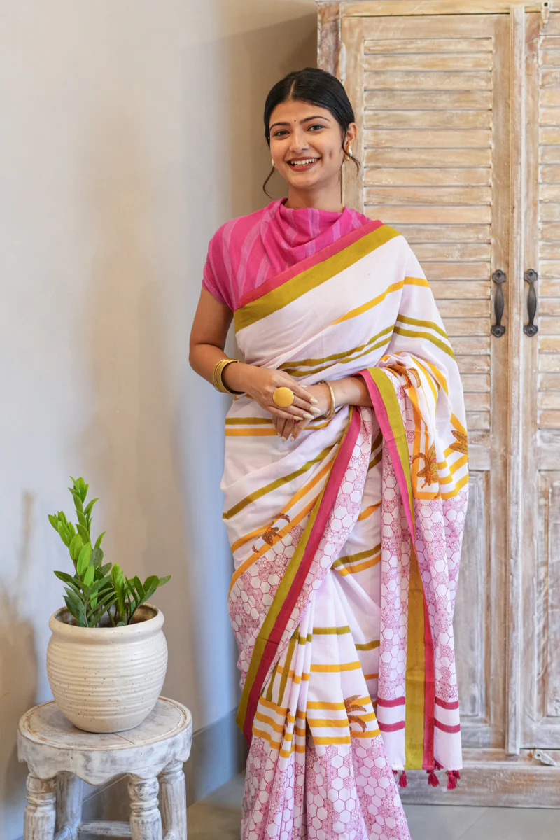 Pink Daydreams Hand Block Print Mulmul Cotton Saree - Image 3