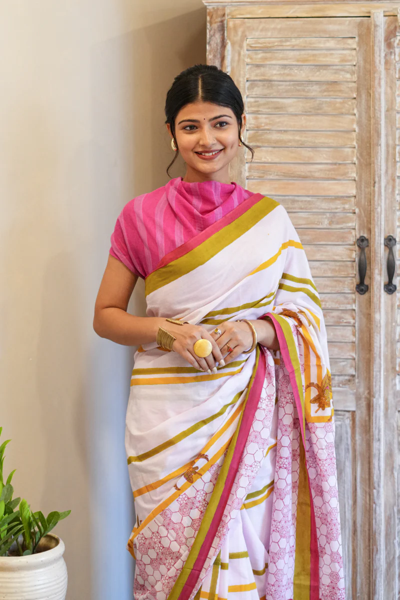 Pink Daydreams Hand Block Print Mulmul Cotton Saree - Image 5