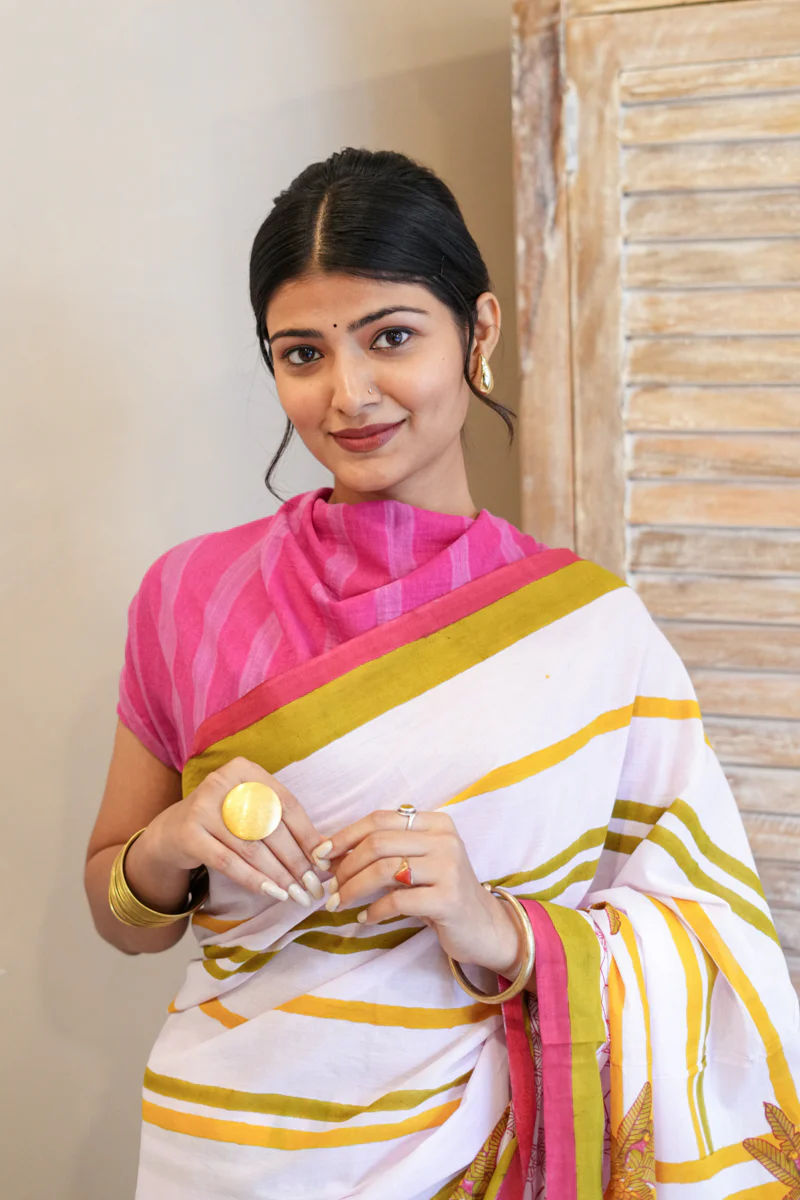 Pink Daydreams Hand Block Print Mulmul Cotton Saree - Image 6