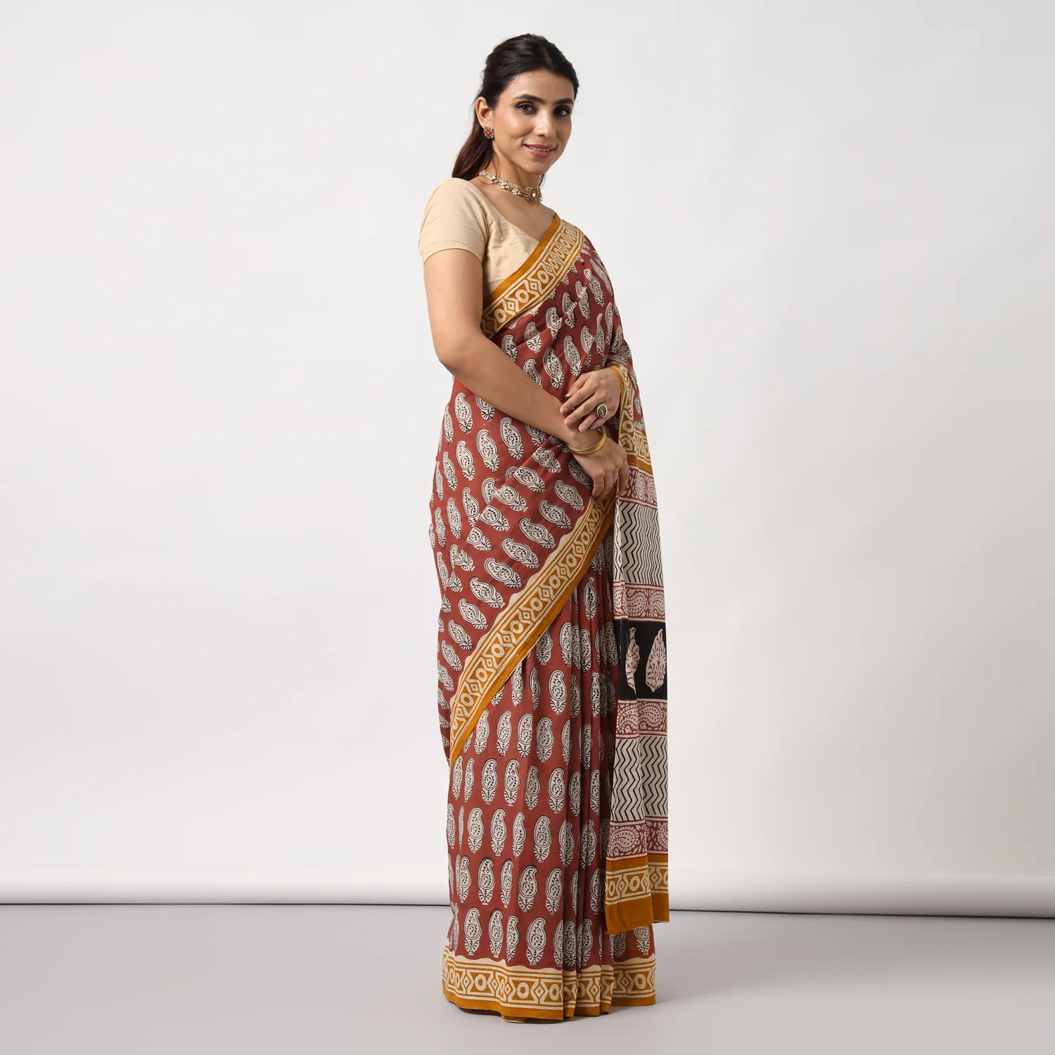 Princess in Red - Dabu Hand Block Print Mulmul Cotton Bagru Saree - Image 3