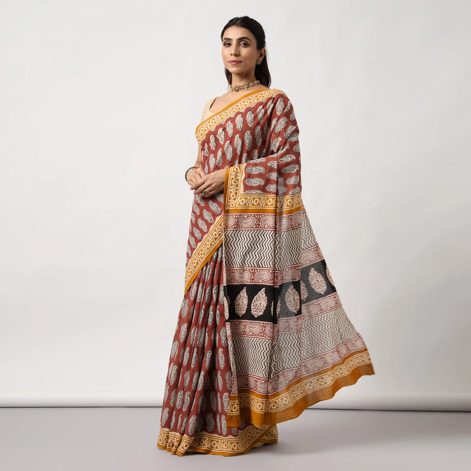 Princess in Red - Dabu Hand Block Print Mulmul Cotton Bagru Saree - Image 4