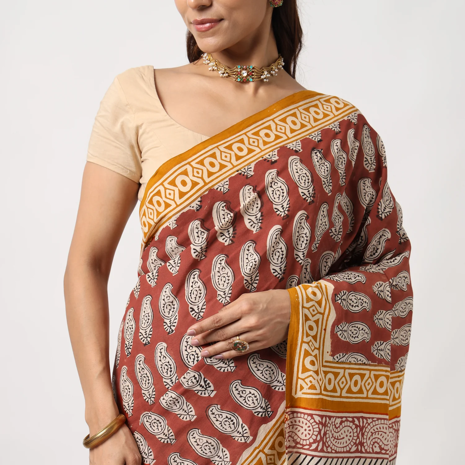 Princess in Red - Dabu Hand Block Print Mulmul Cotton Bagru Saree - Image 6