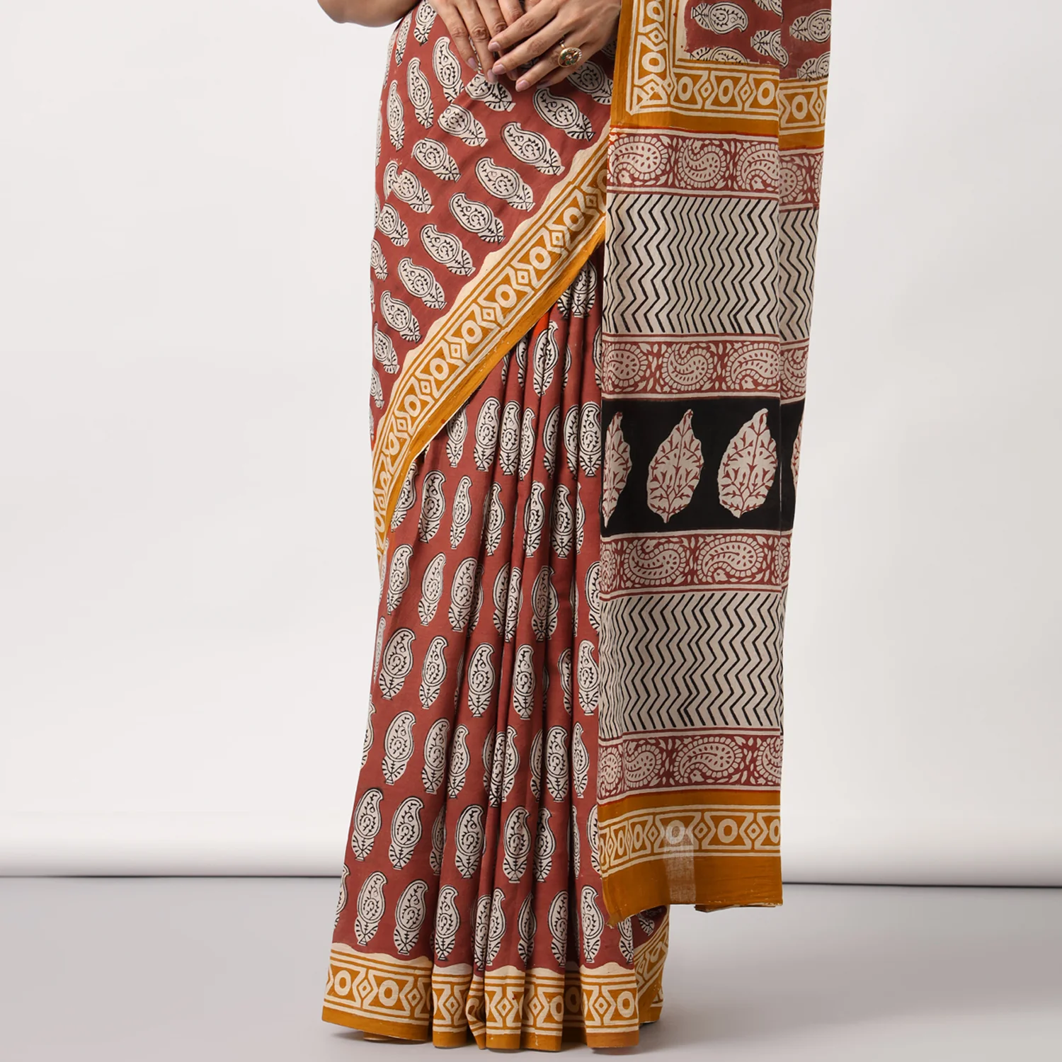 Princess in Red - Dabu Hand Block Print Mulmul Cotton Bagru Saree - Image 7