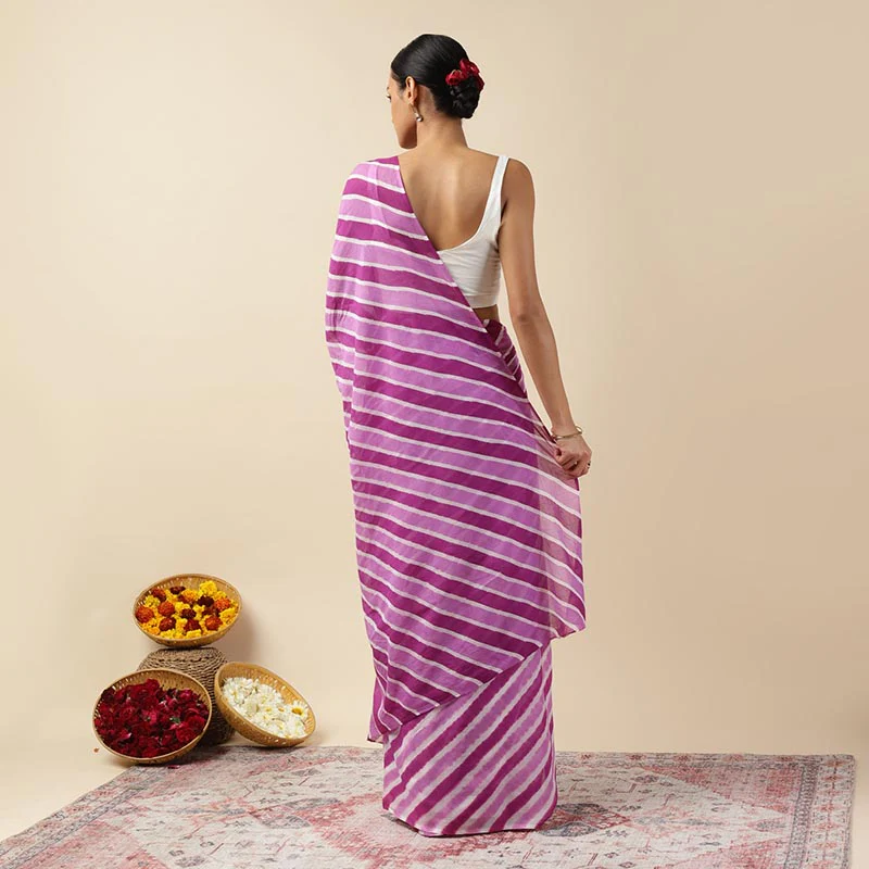 Purple Twist Leheriya Tie-dye Mulmul Cotton saree - Image 3