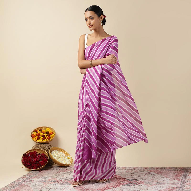 Purple Twist Leheriya Tie-dye Mulmul Cotton saree - Image 4