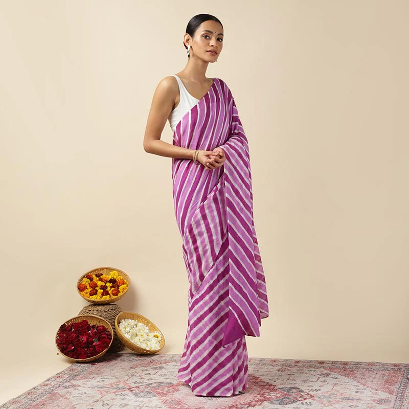 Purple Twist Leheriya Tie-dye Mulmul Cotton saree - Image 5