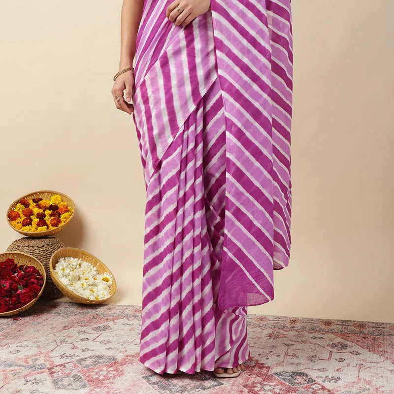 Purple Twist Leheriya Tie-dye Mulmul Cotton saree - Image 7