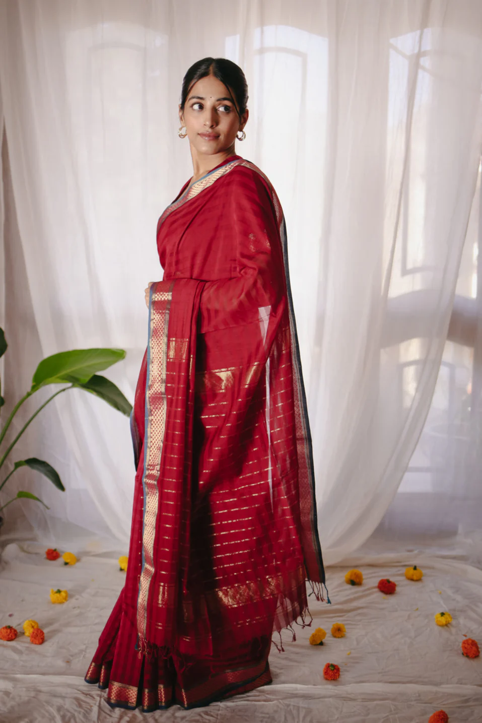Red Pure Silk Cotton Maheshwari Saree - Image 4