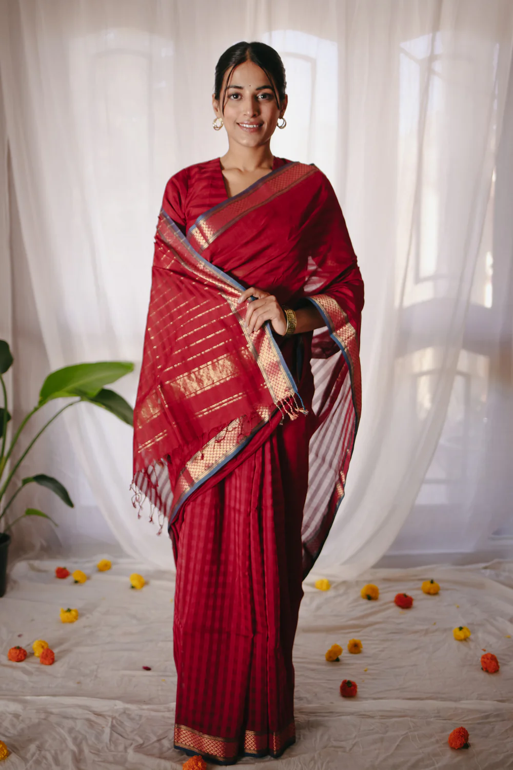 Red Pure Silk Cotton Maheshwari Saree - Image 6