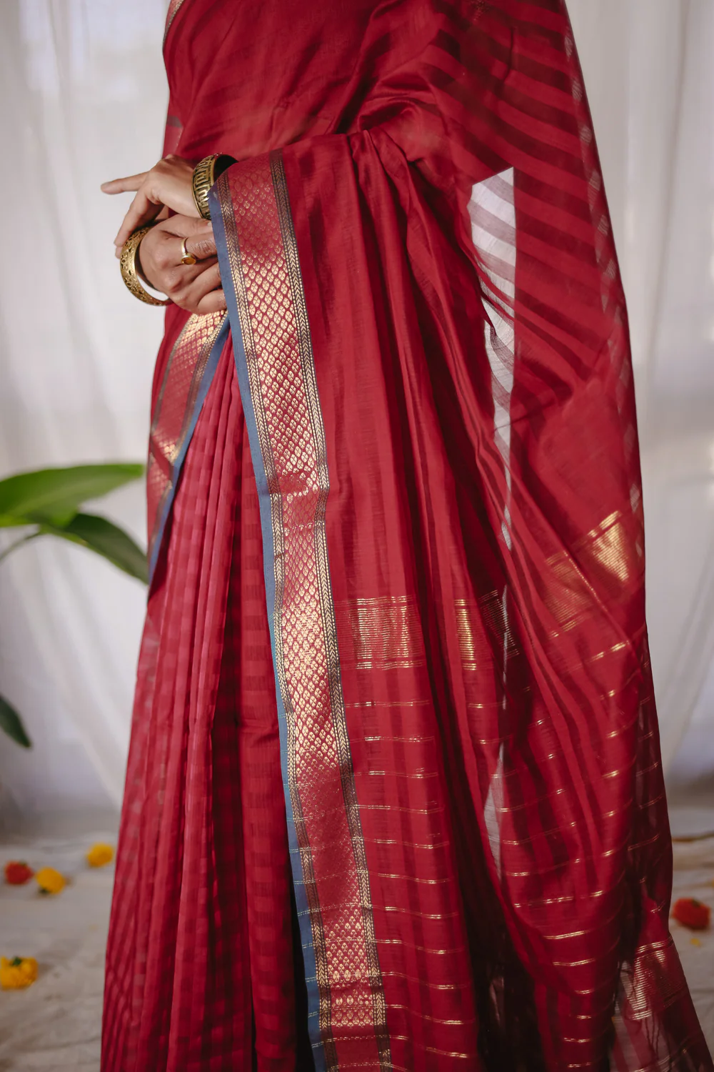 Red Pure Silk Cotton Maheshwari Saree - Image 7