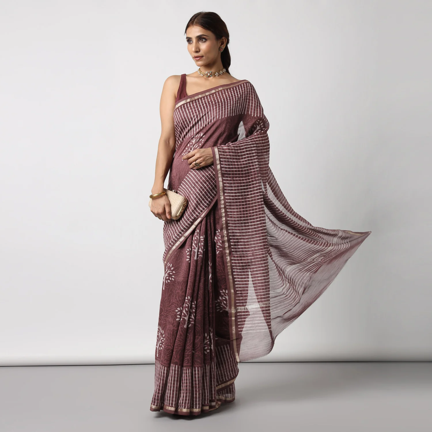 Revathy - Rose Taupe Hand Block Print Chanderi Silk Saree - Image 4