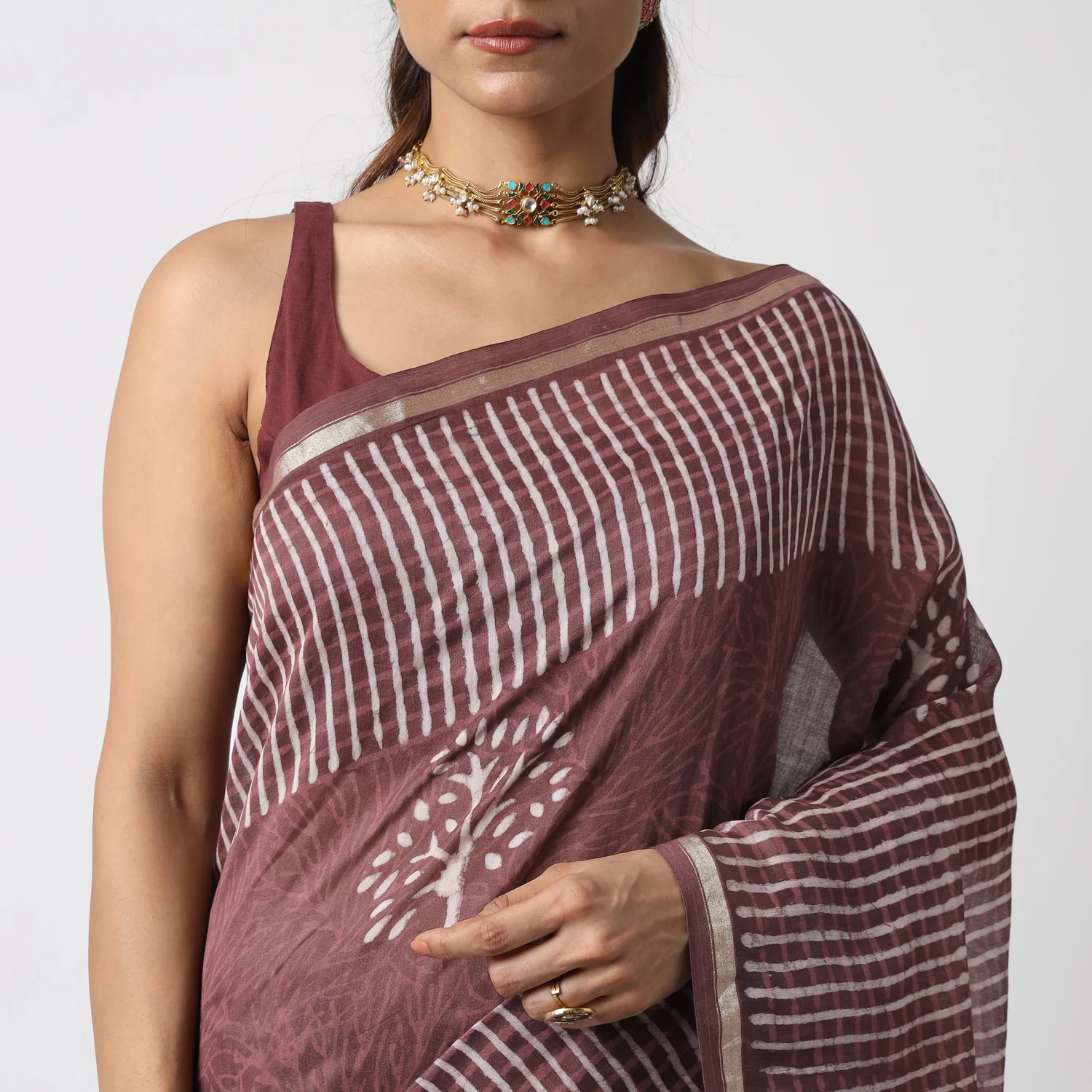 Revathy - Rose Taupe Hand Block Print Chanderi Silk Saree - Image 6