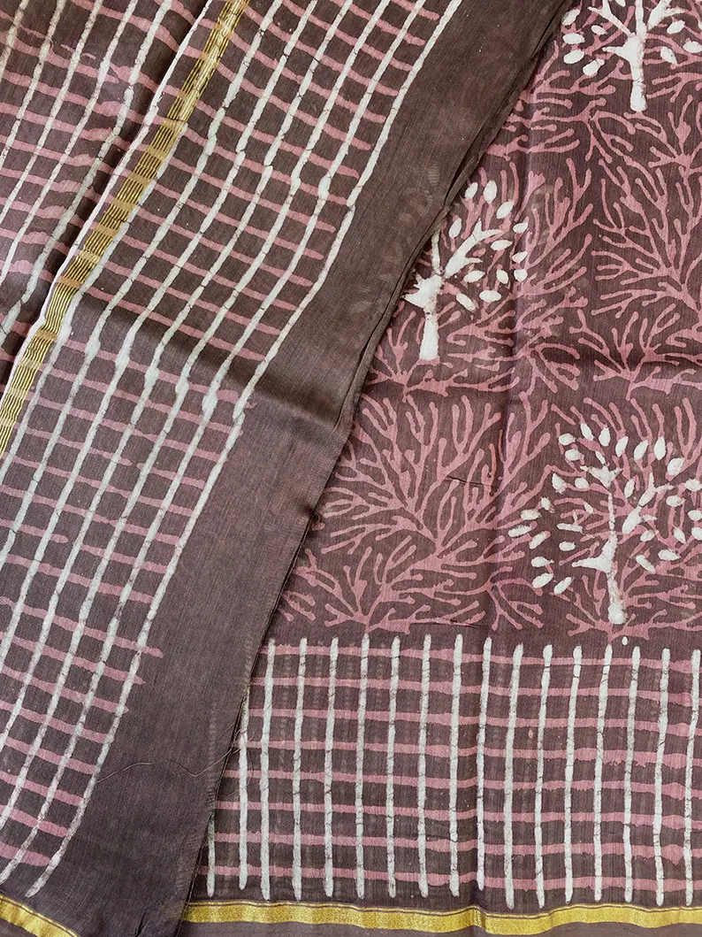 Revathy - Rose Taupe Hand Block Print Chanderi Silk Saree - Image 8