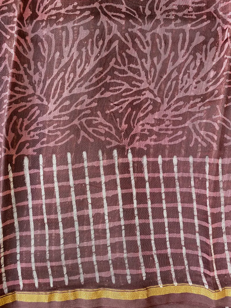 Revathy - Rose Taupe Hand Block Print Chanderi Silk Saree - Image 9